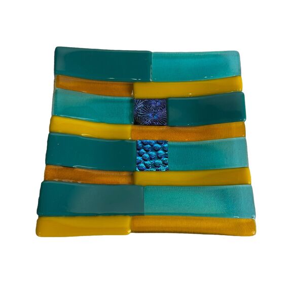 Colorful abstract Pattern Fused Art Glass Trinket Dish Tray 6” square - Picture 4 of 8